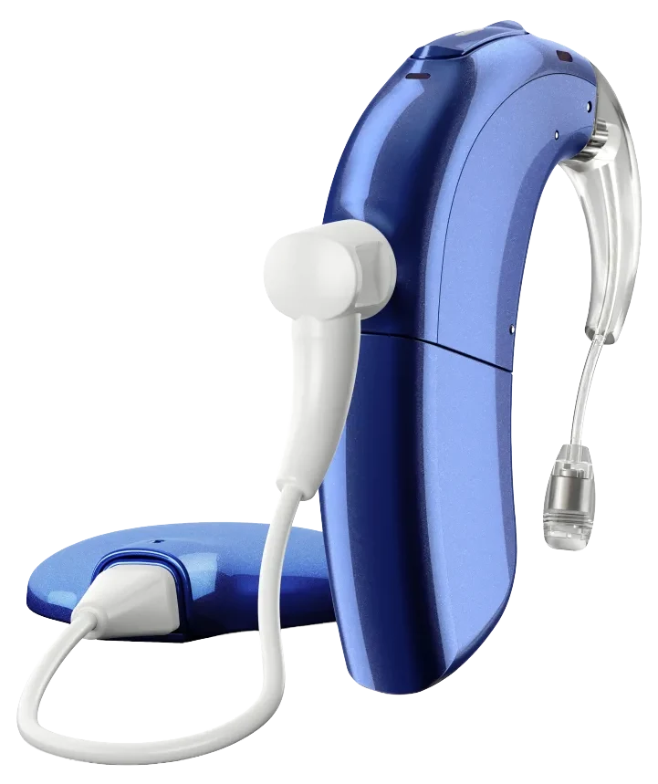 Audioprozessor in Blau-Metallic mit weißer Sendespule
