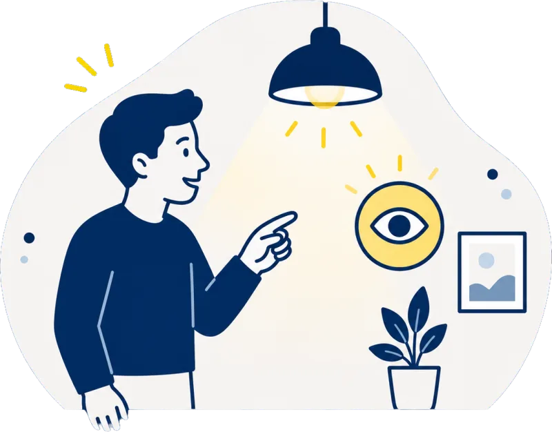 Illustration: Person zeigt auf ein beleuchtetes Auge unter einer Lampe