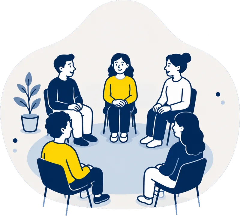 Illustration: Fünf Menschen sitzen in einer ruhigen Gesprächsrunde im Kreis