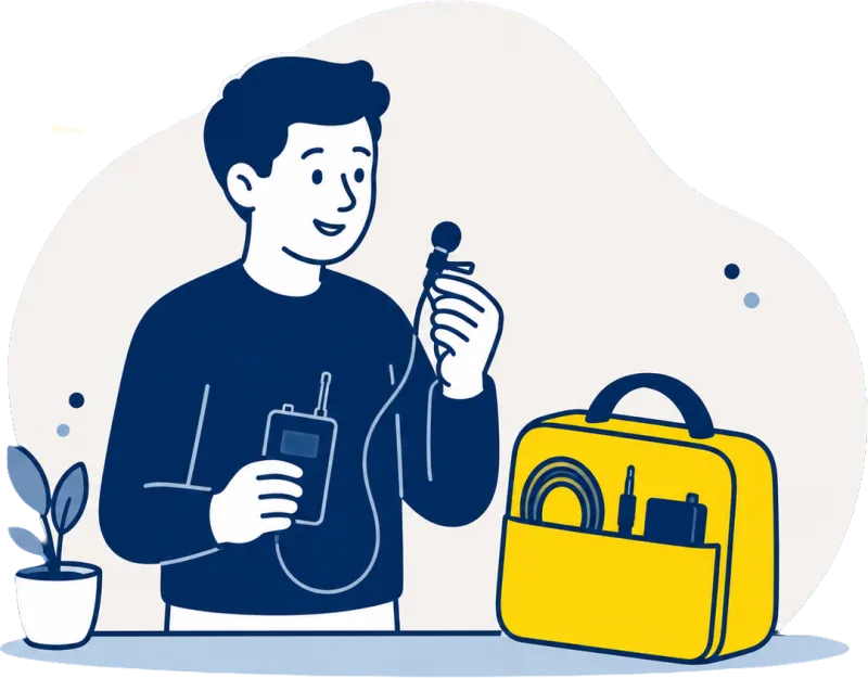 Illustration: Person hält ein Ansteckmikrofon, daneben eine gelbe Tasche mit Zubehör